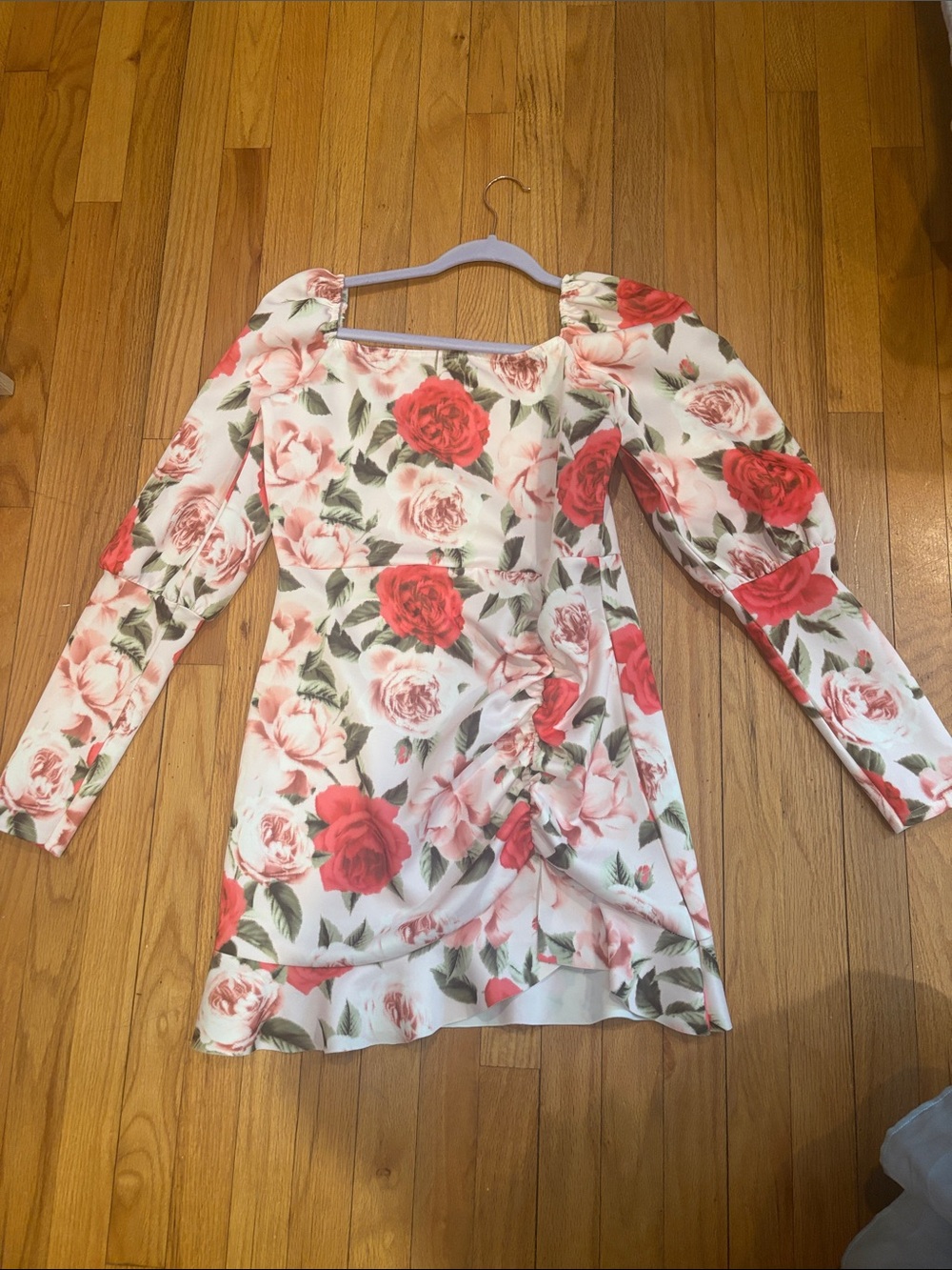 Boohoo White Mini Dress with Red Rose Print